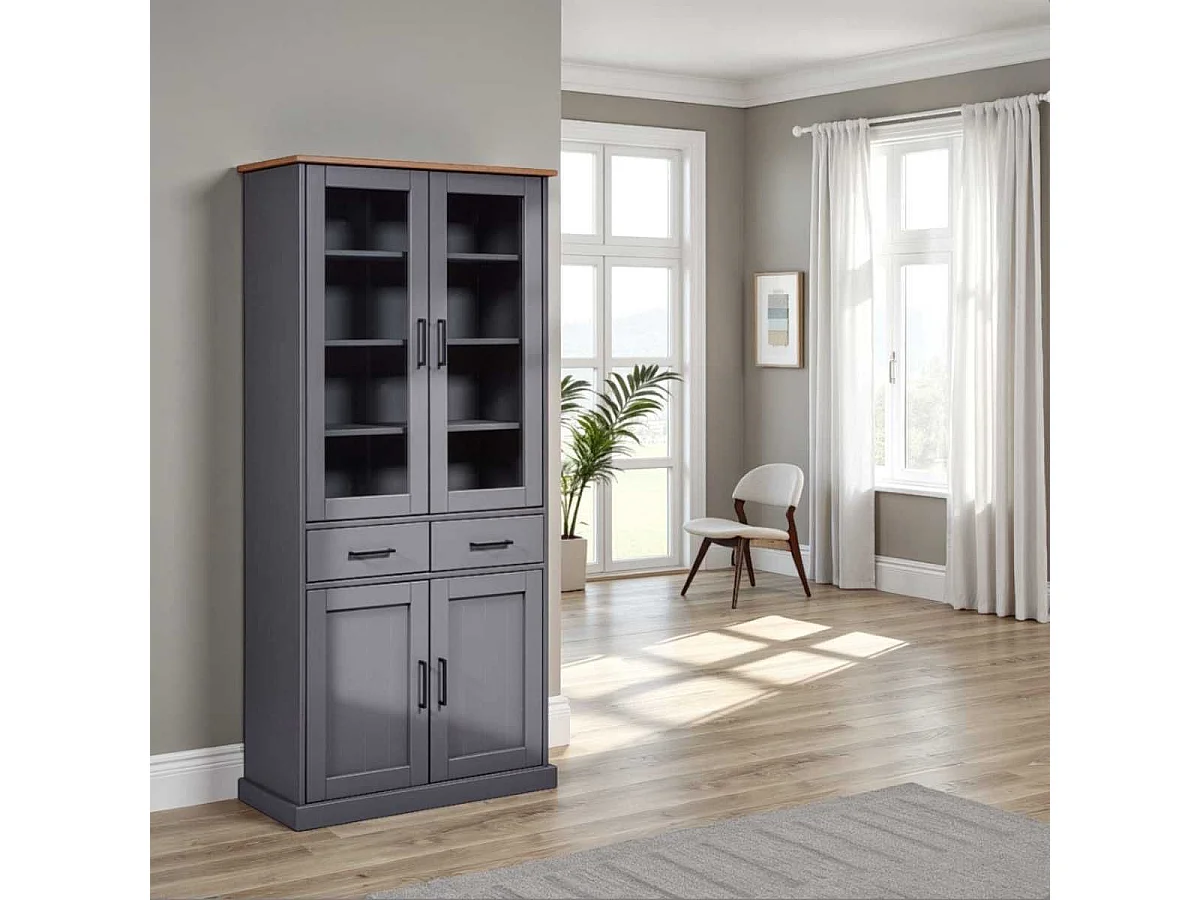 Vitrine 4 portes 2 tiroirs en pin massif teinté gris - FABIO