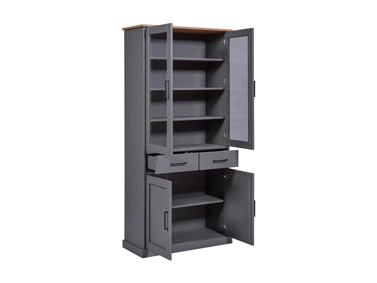 Vitrine 4 portes 2 tiroirs en pin massif teinté gris - FABIO