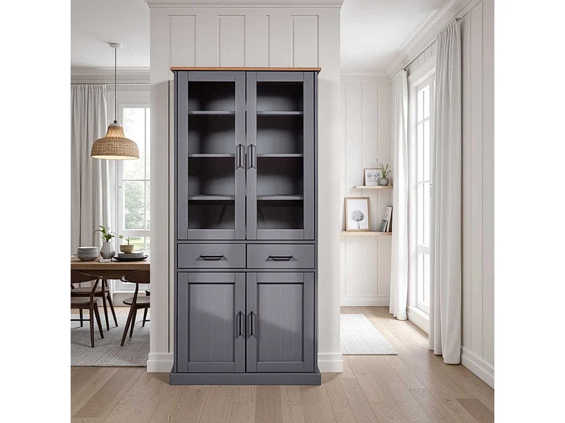 Vitrine 4 portes 2 tiroirs en pin massif teinté gris - FABIO