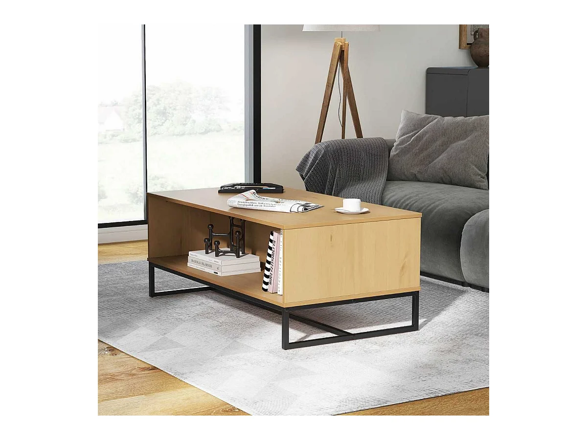 Table basse 2 niches en pin massif teinté chêne piètement noir - CATHY