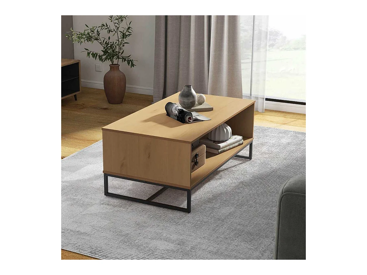 Table basse 2 niches en pin massif teinté chêne piètement noir - CATHY