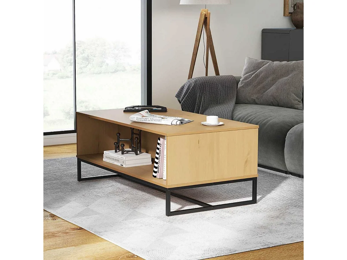 Table basse 2 niches en pin massif teinté chêne piètement noir - CATHY