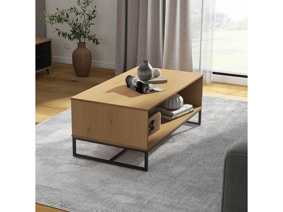 Table basse 2 niches en pin massif teinté chêne piètement noir - CATHY