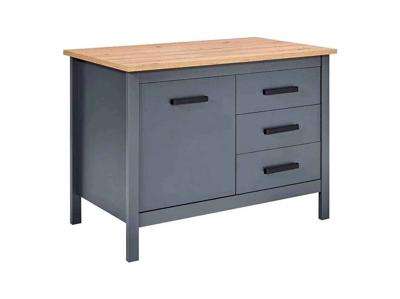 Ilot de Cuisine Anthracite et Plateau Effet Bois avec un côté 1 porte 3 tiroirs et 1 côté 2 étagères - KENNY