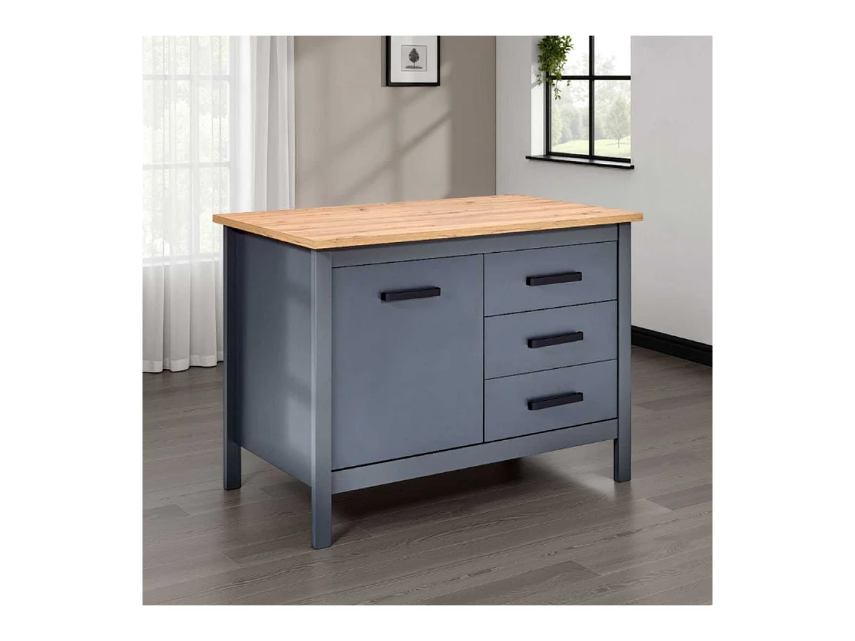 Ilot de Cuisine Anthracite et Plateau Effet Bois avec un côté 1 porte 3 tiroirs et 1 côté 2 étagères - KENNY