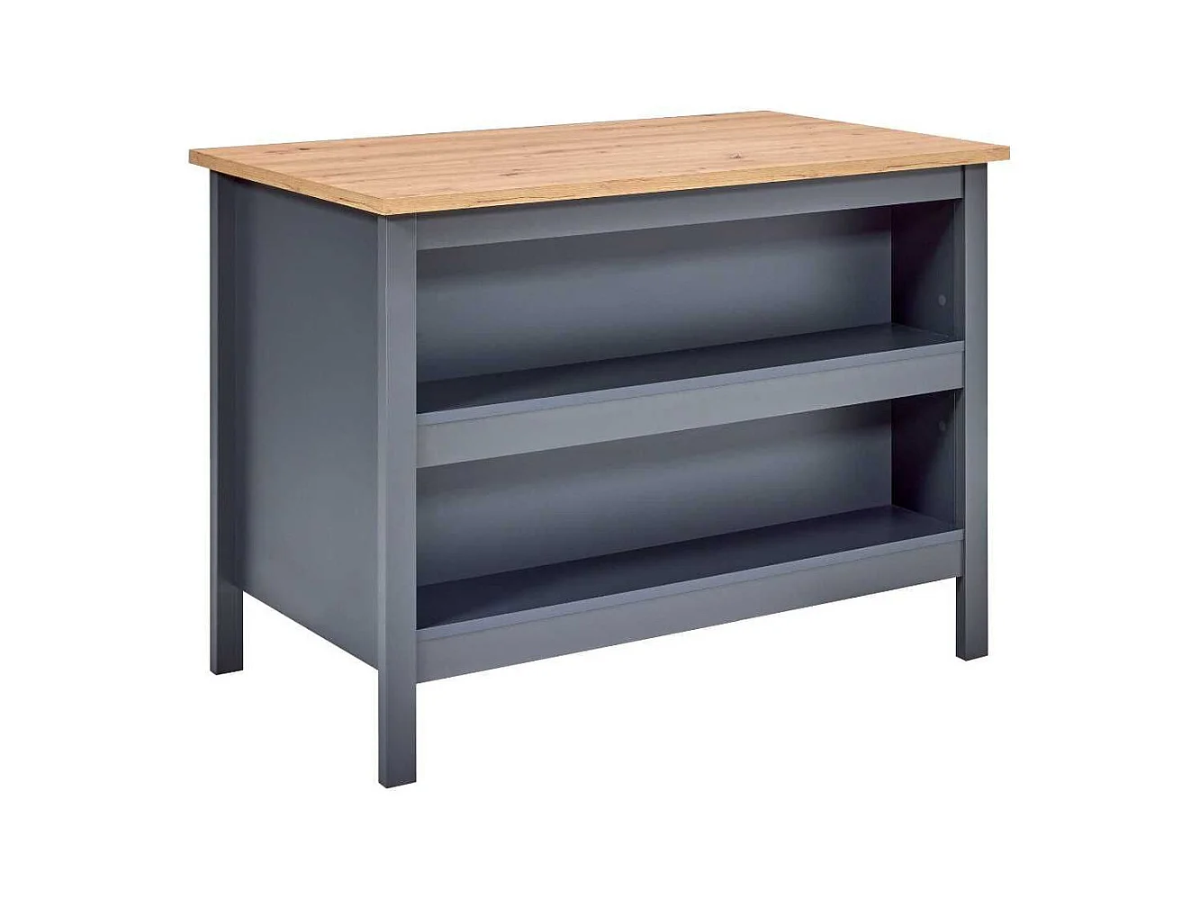 Ilot de Cuisine Anthracite et Plateau Effet Bois avec un côté 1 porte 3 tiroirs et 1 côté 2 étagères - KENNY