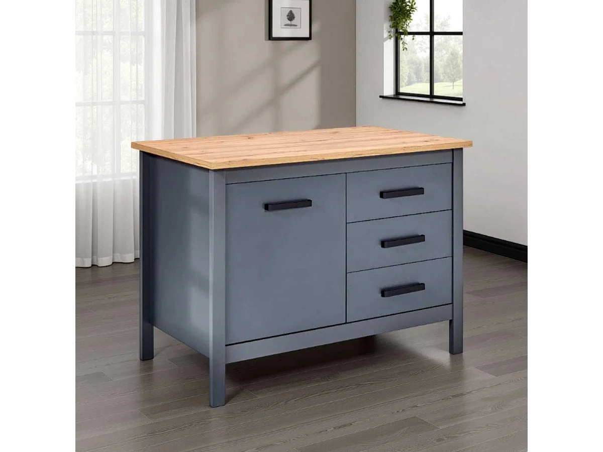 Ilot de Cuisine Anthracite et Plateau Effet Bois avec un côté 1 porte 3 tiroirs et 1 côté 2 étagères - KENNY