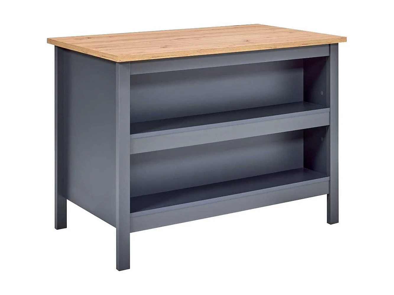 Ilot de Cuisine Anthracite et Plateau Effet Bois avec un côté 1 porte 3 tiroirs et 1 côté 2 étagères - KENNY