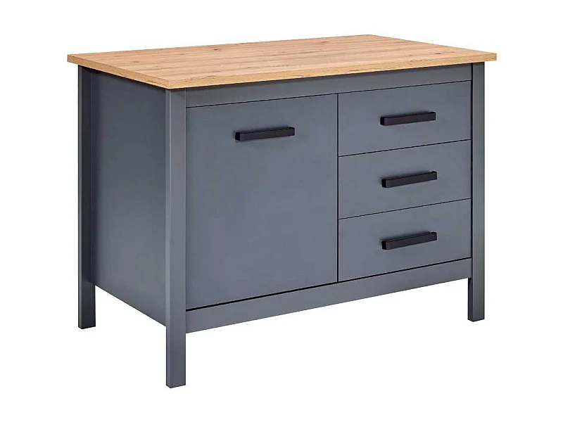 Ilot de Cuisine Anthracite et Plateau Effet Bois avec un côté 1 porte 3 tiroirs et 1 côté 2 étagères - KENNY