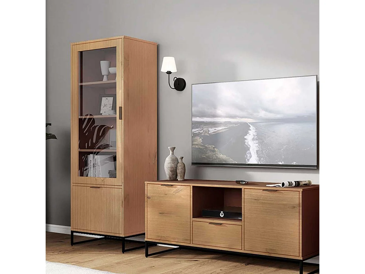 Vitrine 2 portes dont 1 vitrée en pin massif teinté chêne piètement noir - CATHY