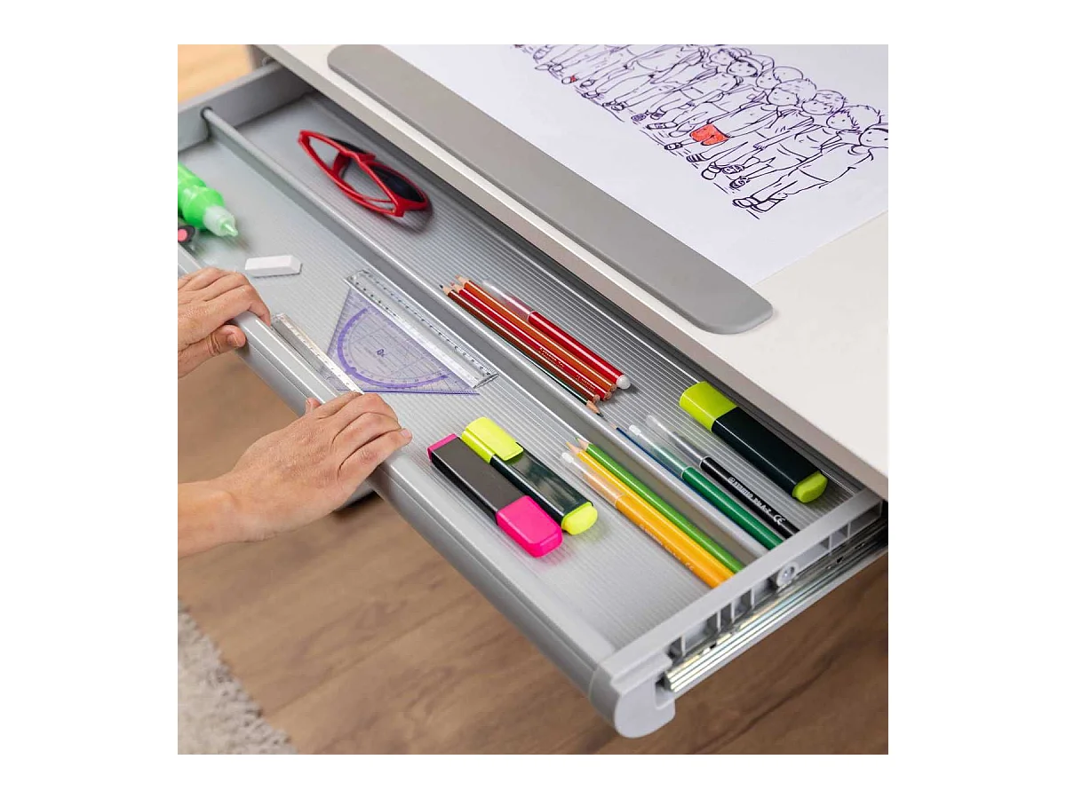 Bureau enfant technique réglable en hauteur blanc en MDF et piètement en métal - TECHNIK