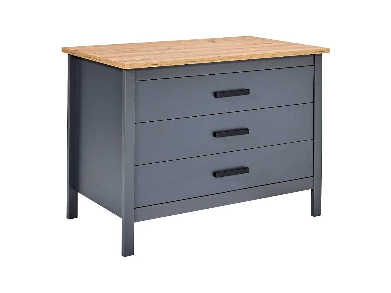 Ilot de Cuisine Anthracite et Plateau Effet Bois avec un côté 3 tiroirs et 1 côté 2 étagères - KENNY