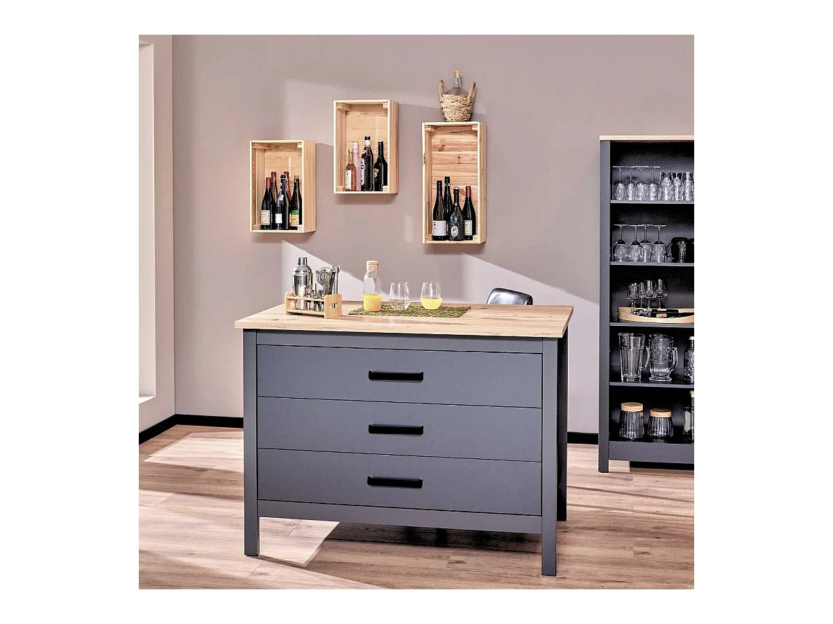 Ilot de Cuisine Anthracite et Plateau Effet Bois avec un côté 3 tiroirs et 1 côté 2 étagères - KENNY