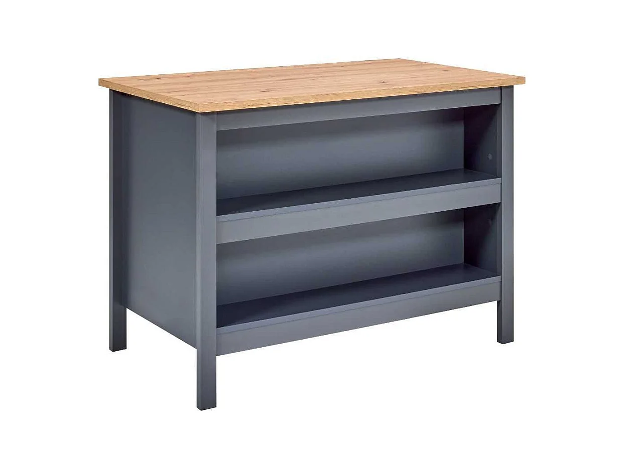 Ilot de Cuisine Anthracite et Plateau Effet Bois avec un côté 3 tiroirs et 1 côté 2 étagères - KENNY