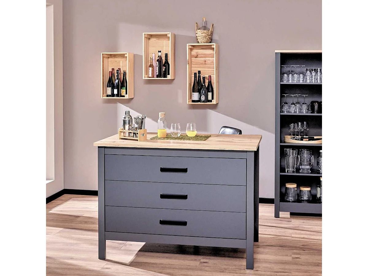 Ilot de Cuisine Anthracite et Plateau Effet Bois avec un côté 3 tiroirs et 1 côté 2 étagères - KENNY