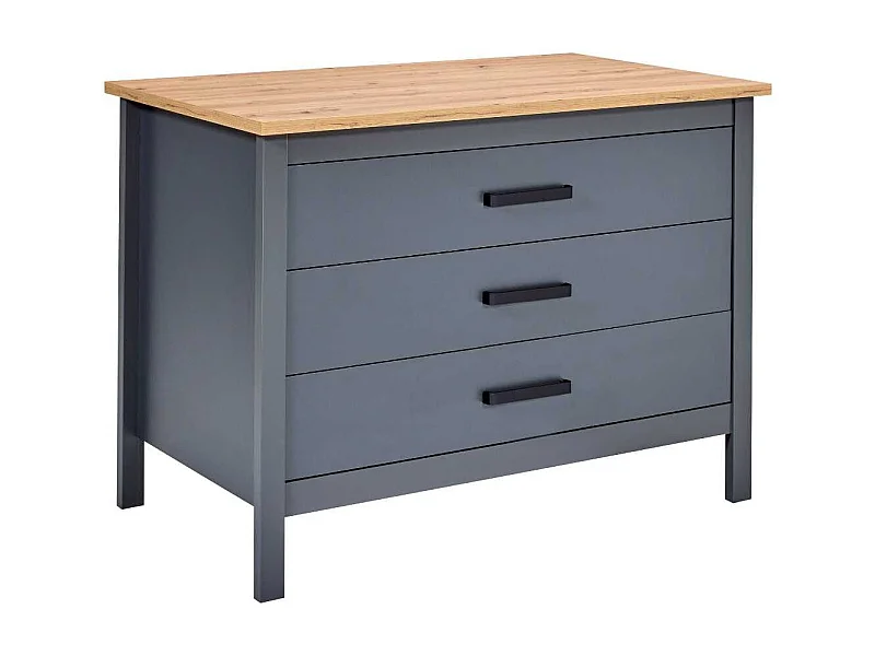 Ilot de Cuisine Anthracite et Plateau Effet Bois avec un côté 3 tiroirs et 1 côté 2 étagères - KENNY