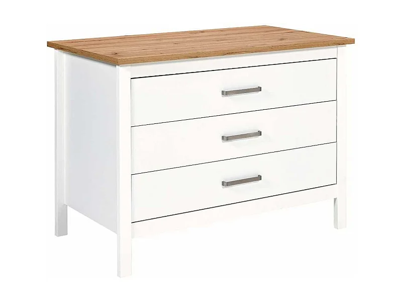 Ilot de Cuisine Blanc et Plateau Effet Bois avec un côté 3 tiroirs et 1 côté 2 étagères - KENNY