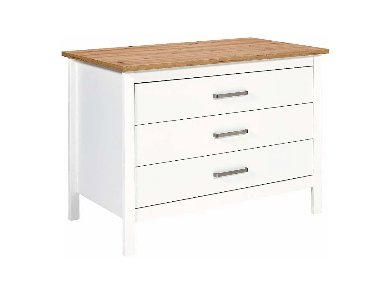 Ilot de Cuisine Blanc et Plateau Effet Bois avec un côté 3 tiroirs et 1 côté 2 étagères - KENNY