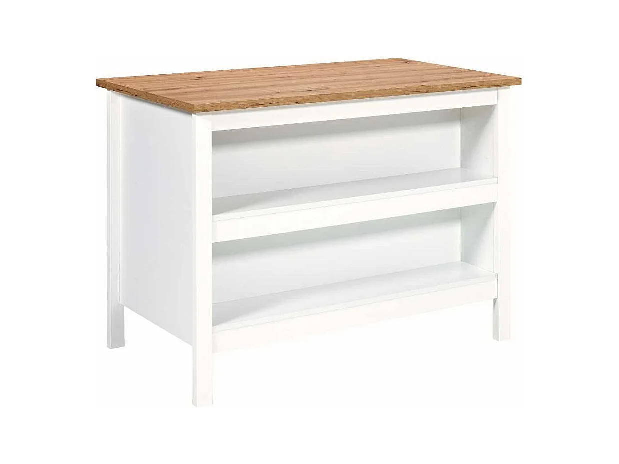 Ilot de Cuisine Blanc et Plateau Effet Bois avec un côté 3 tiroirs et 1 côté 2 étagères - KENNY