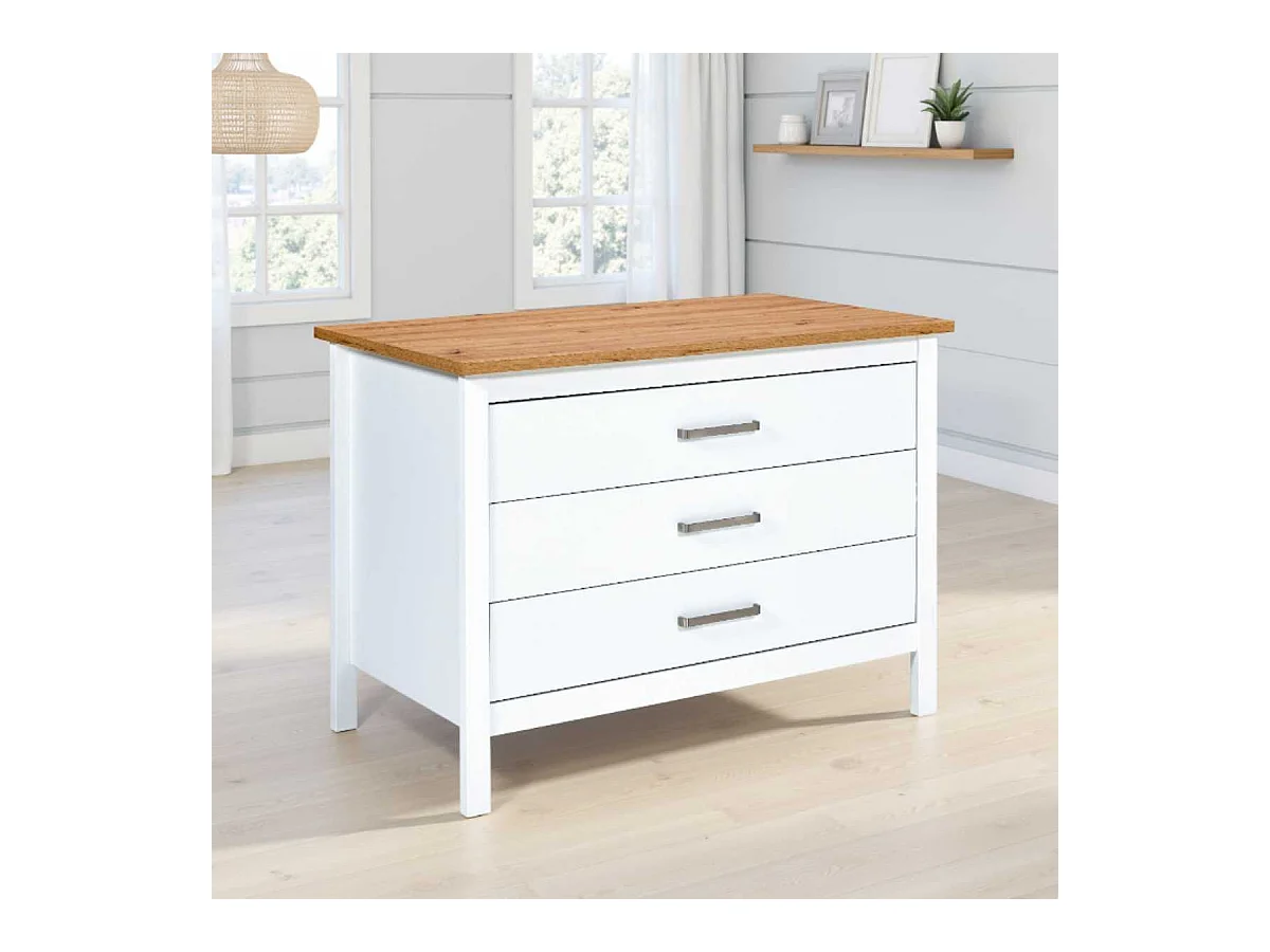 Ilot de Cuisine Blanc et Plateau Effet Bois avec un côté 3 tiroirs et 1 côté 2 étagères - KENNY