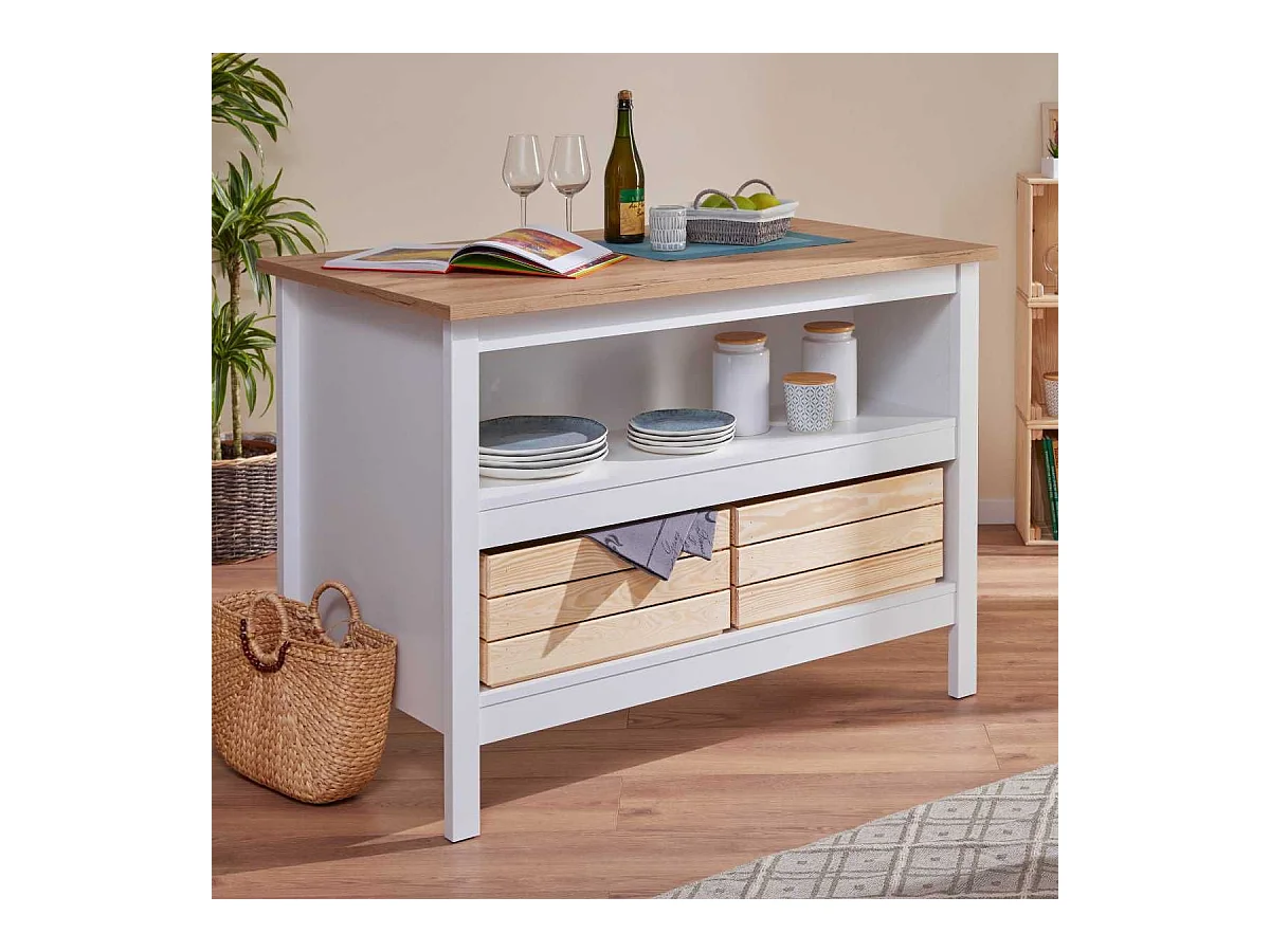 Ilot de Cuisine Blanc et Plateau Effet Bois avec un côté 3 tiroirs et 1 côté 2 étagères - KENNY