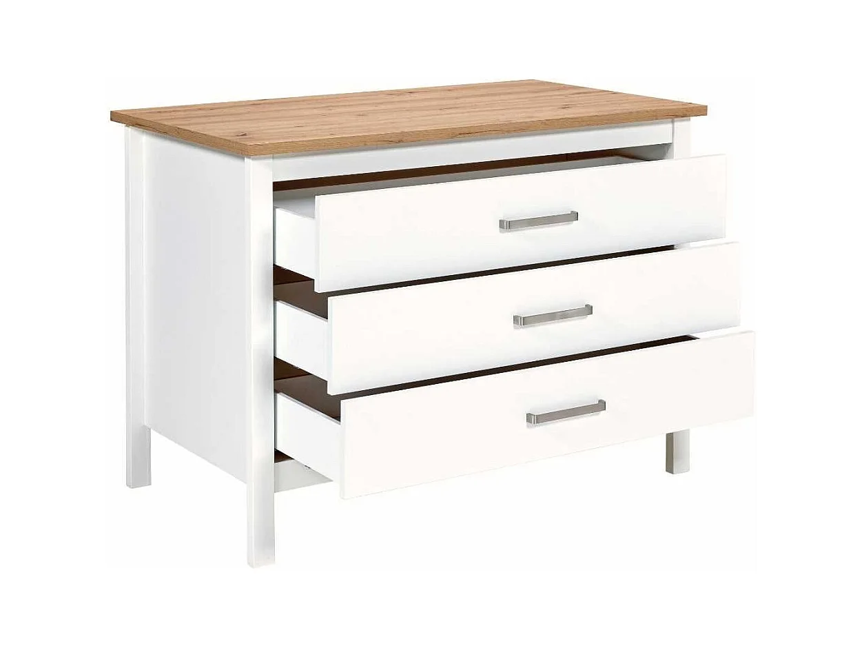 Ilot de Cuisine Blanc et Plateau Effet Bois avec un côté 3 tiroirs et 1 côté 2 étagères - KENNY