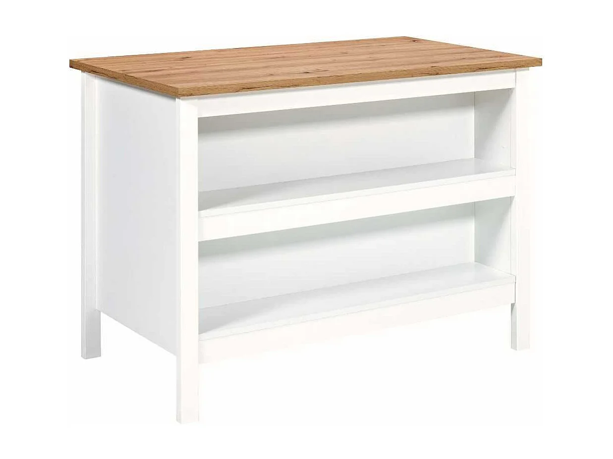 Ilot de Cuisine Blanc et Plateau Effet Bois avec un côté 3 tiroirs et 1 côté 2 étagères - KENNY