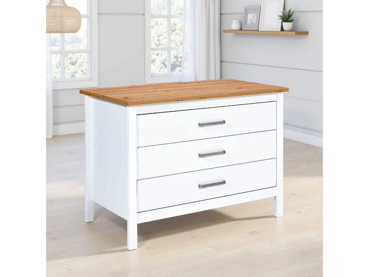 Ilot de Cuisine Blanc et Plateau Effet Bois avec un côté 3 tiroirs et 1 côté 2 étagères - KENNY