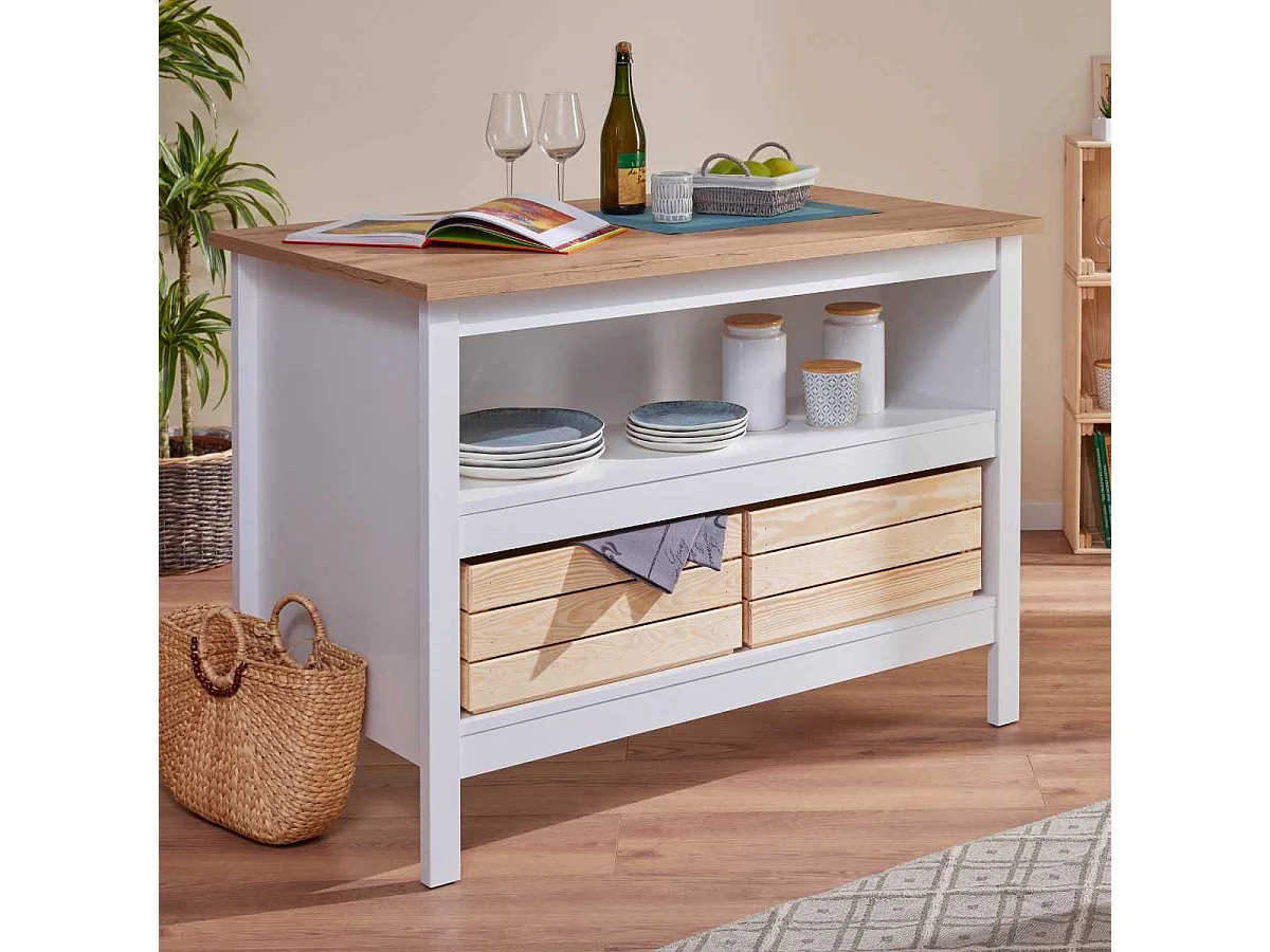 Ilot de Cuisine Blanc et Plateau Effet Bois avec un côté 3 tiroirs et 1 côté 2 étagères - KENNY