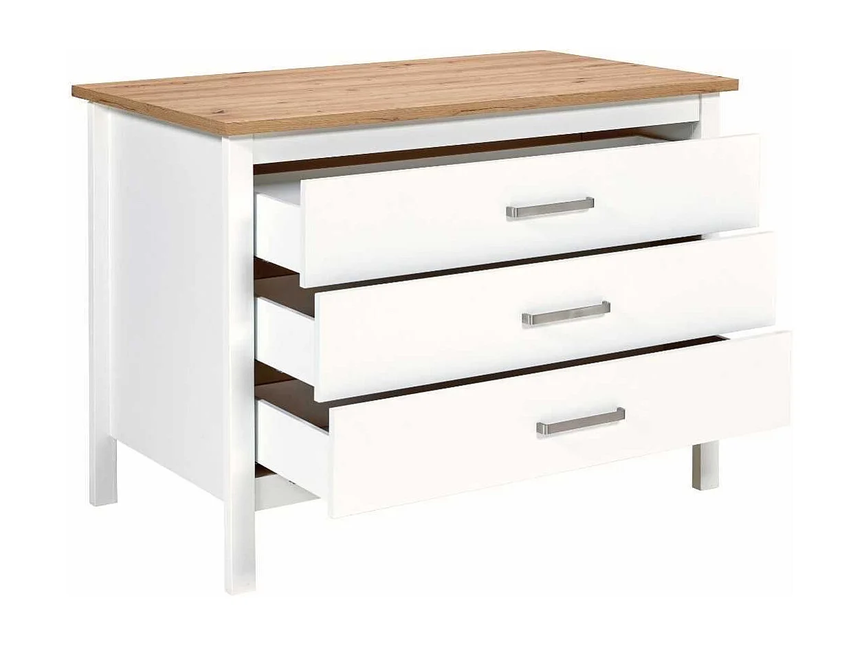 Ilot de Cuisine Blanc et Plateau Effet Bois avec un côté 3 tiroirs et 1 côté 2 étagères - KENNY