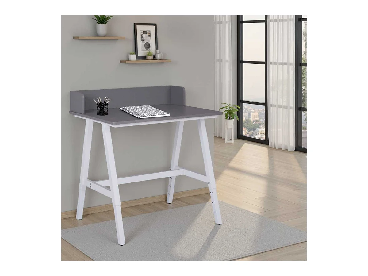 Bureau enfant réglable en hauteur en MDF plateau gris et piètement métal laqué blanc - ELION