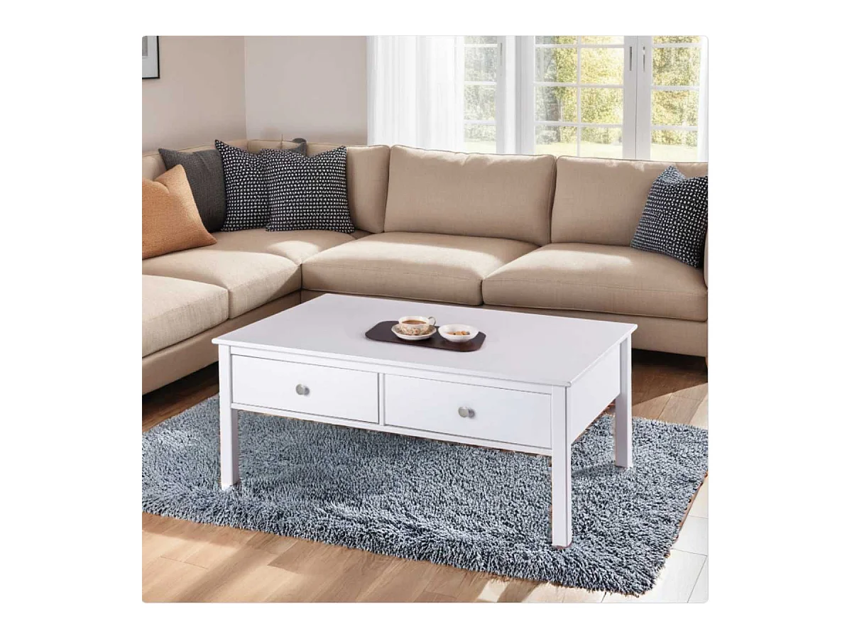 Table basse 2 tiroirs en pin massif vernis blanc - DORIE