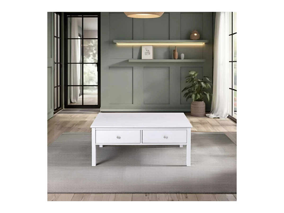 Table basse 2 tiroirs en pin massif vernis blanc - DORIE