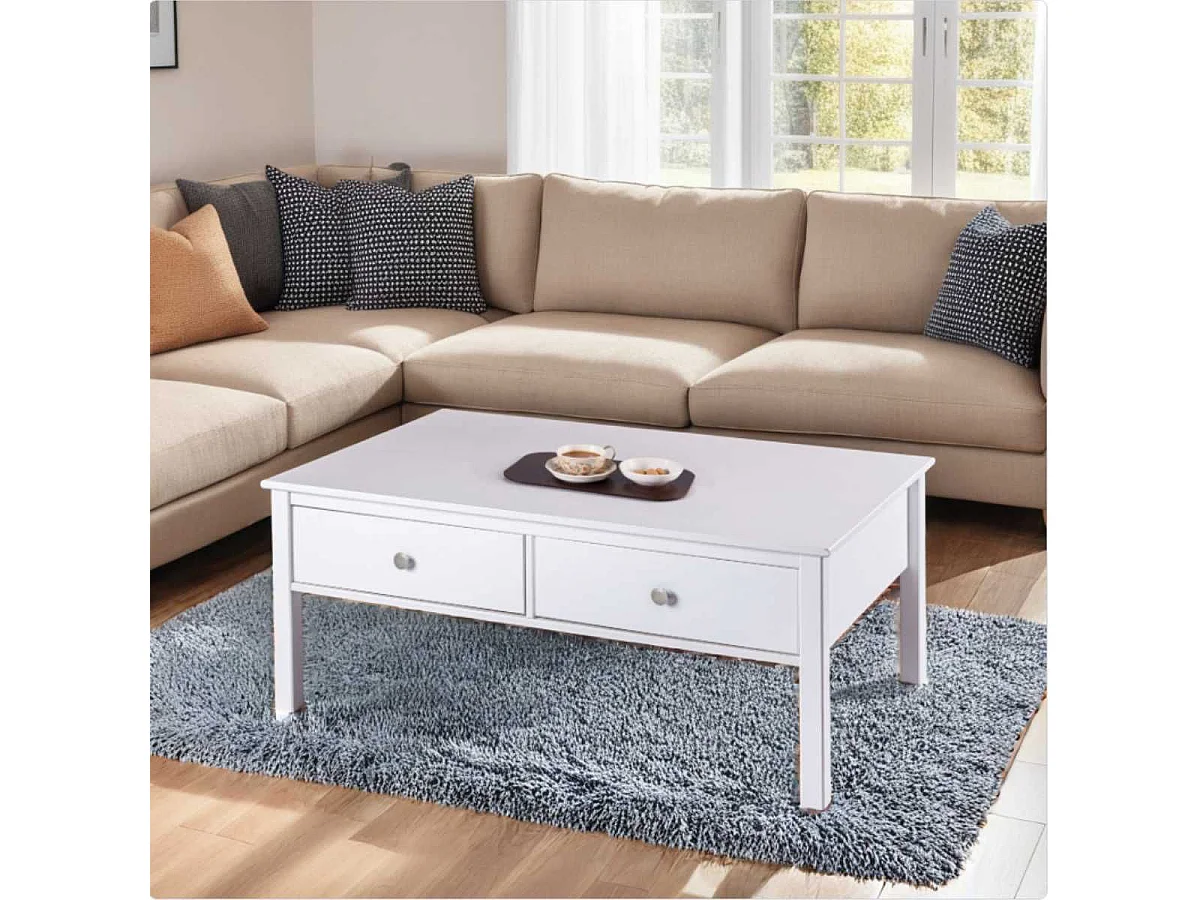 Table basse 2 tiroirs en pin massif vernis blanc - DORIE