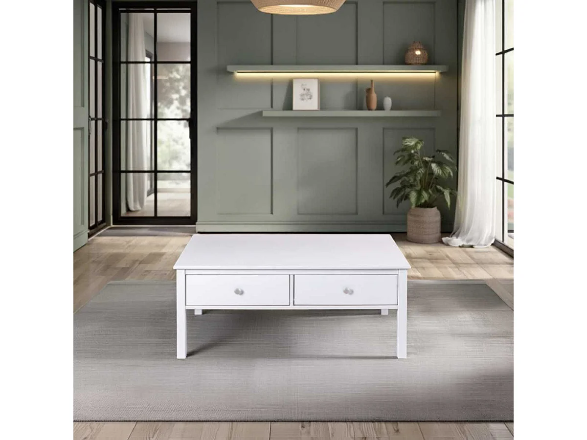 Table basse 2 tiroirs en pin massif vernis blanc - DORIE
