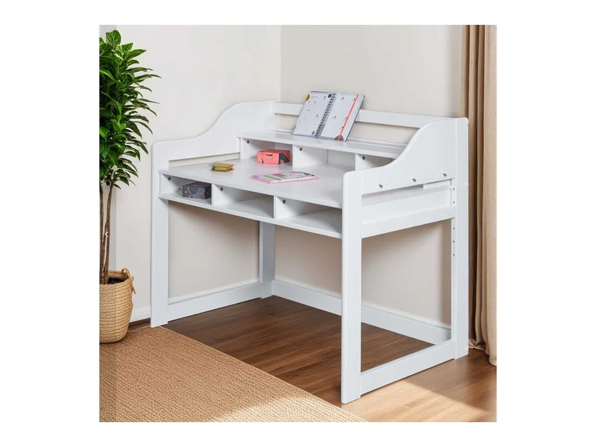 Bureau enfant réglable en hauteur en pin massif laqué blanc - GAEL