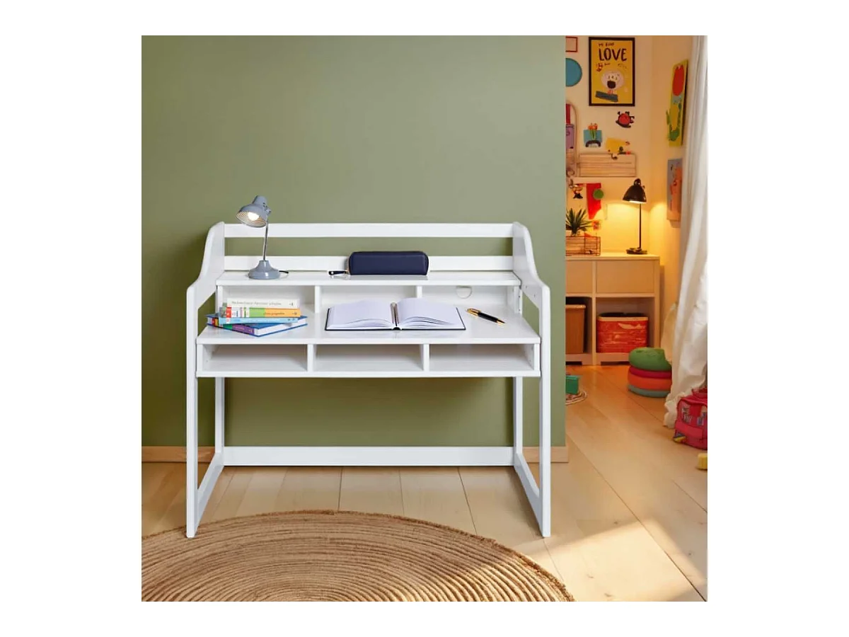 Bureau enfant réglable en hauteur en pin massif laqué blanc - GAEL