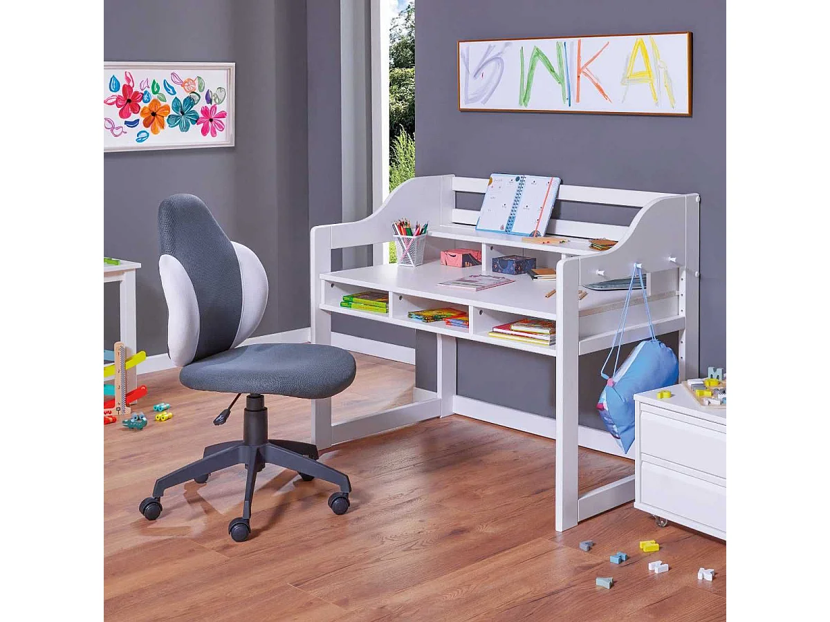 Bureau enfant réglable en hauteur en pin massif laqué blanc - GAEL