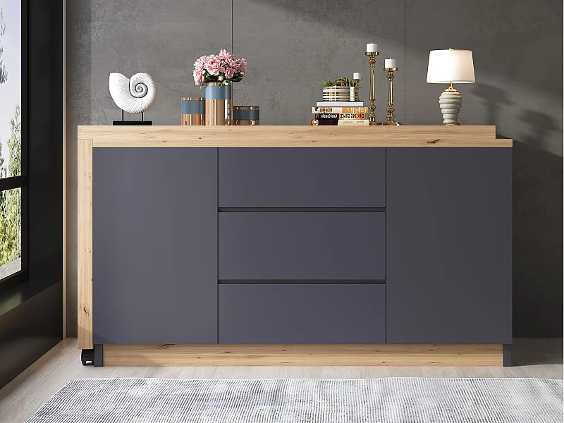 Bureau d'angle 120x50x76.5 cm - Plateau pivotant - 3 tiroirs et 2 portes - avec roulettes verrouillables - Gris + naturel