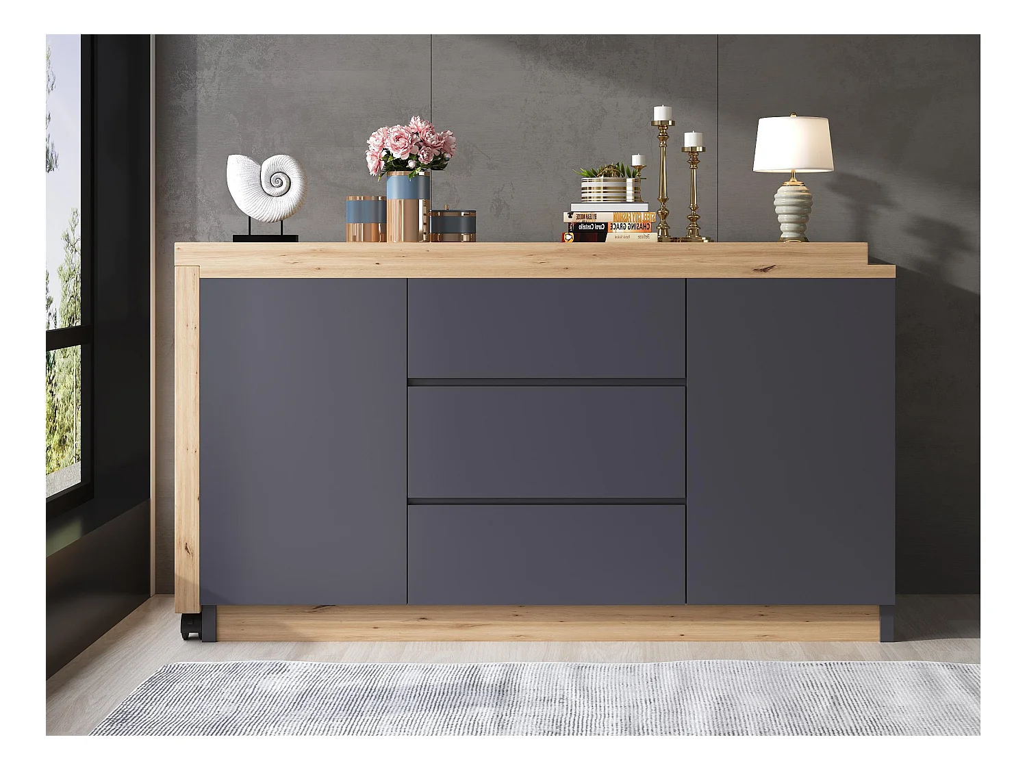 Bureau d'angle 120x50x76.5 cm - Plateau pivotant - 3 tiroirs et 2 portes - avec roulettes verrouillables - Gris + naturel
