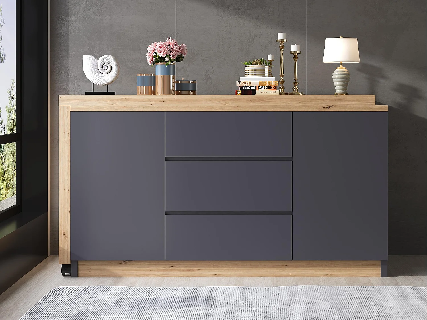 Bureau d'angle 120x50x76.5 cm - Plateau pivotant - 3 tiroirs et 2 portes - avec roulettes verrouillables - Gris + naturel