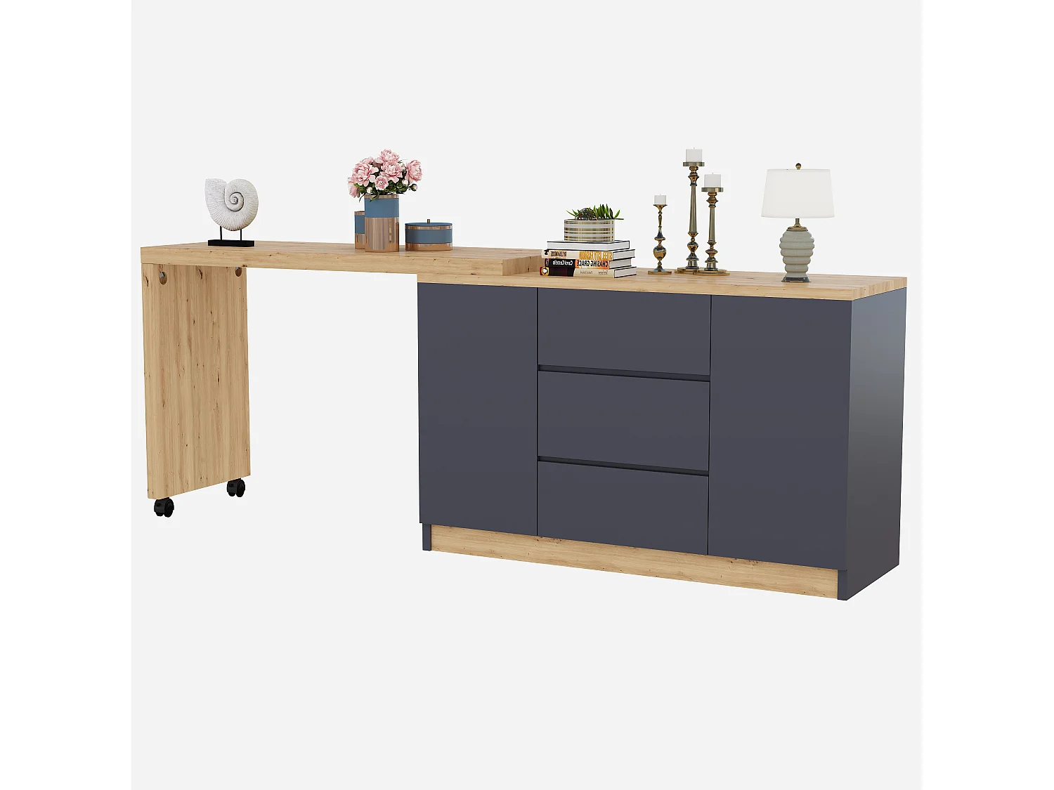 Bureau d'angle 120x50x76.5 cm - Plateau pivotant - 3 tiroirs et 2 portes - avec roulettes verrouillables - Gris + naturel