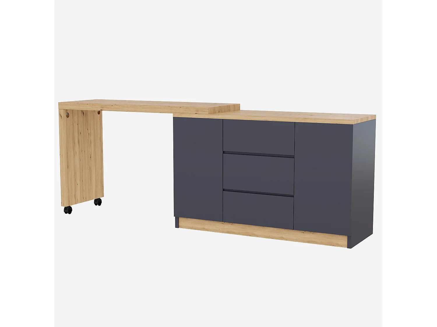 Bureau d'angle 120x50x76.5 cm - Plateau pivotant - 3 tiroirs et 2 portes - avec roulettes verrouillables - Gris + naturel