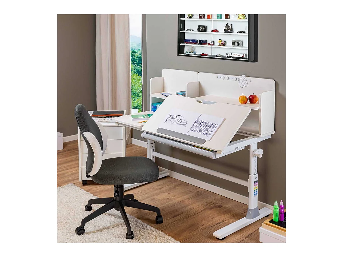 Bureau enfant avec étagères technique réglable en hauteur blanc en MDF et piètement en métal - TECHNIK