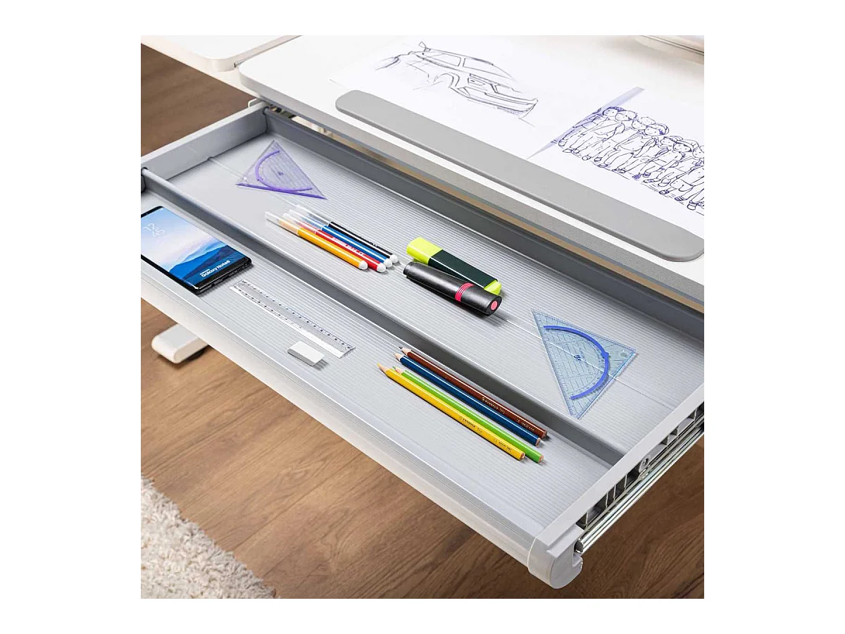 Bureau enfant avec étagères technique réglable en hauteur blanc en MDF et piètement en métal - TECHNIK