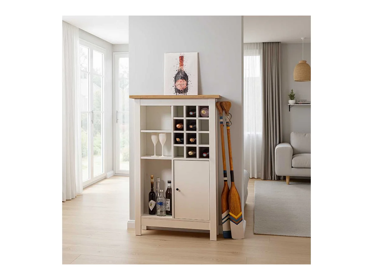 Rangement de Cuisine pour Bouteilles Blanc et Plateau Effet Bois - KENNY