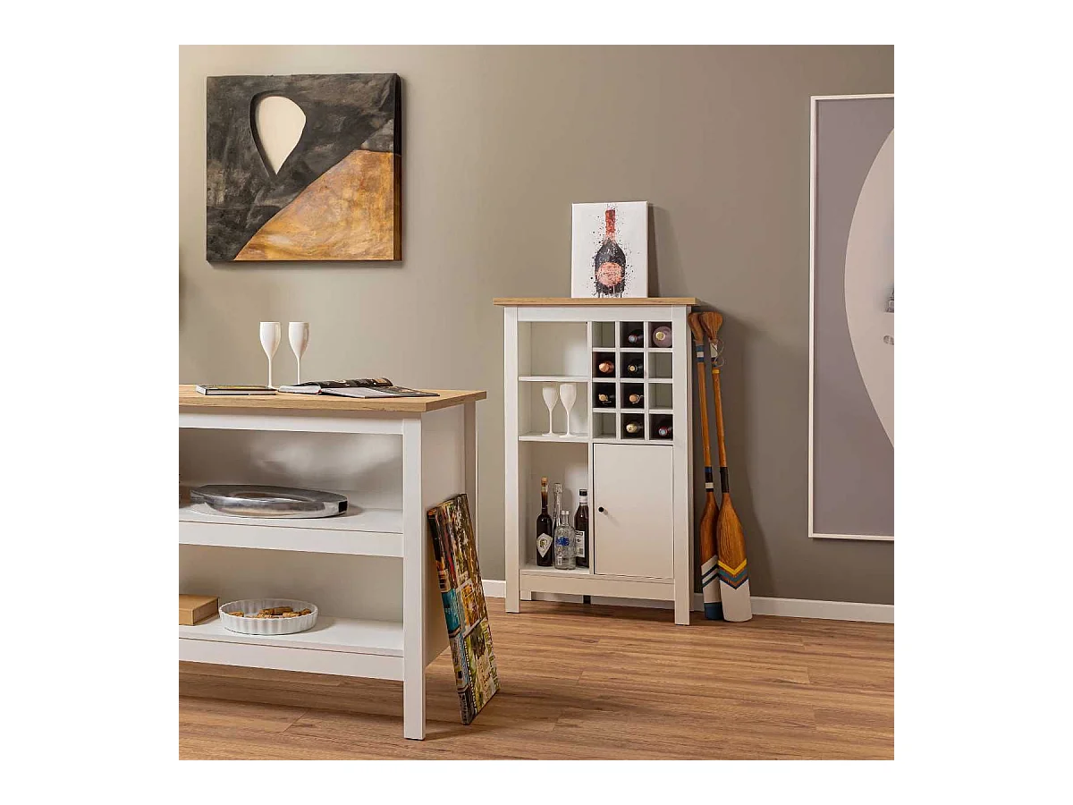 Rangement de Cuisine pour Bouteilles Blanc et Plateau Effet Bois - KENNY