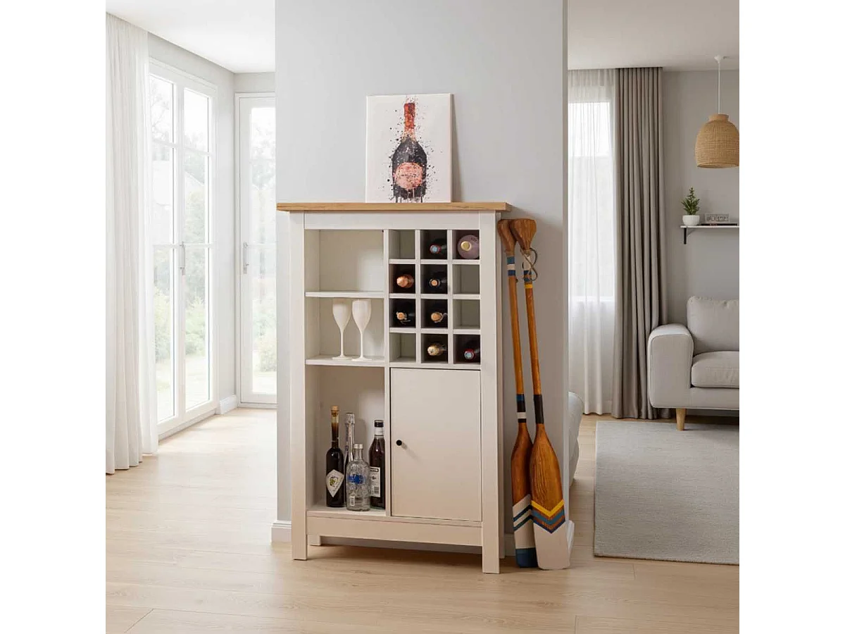 Rangement de Cuisine pour Bouteilles Blanc et Plateau Effet Bois - KENNY