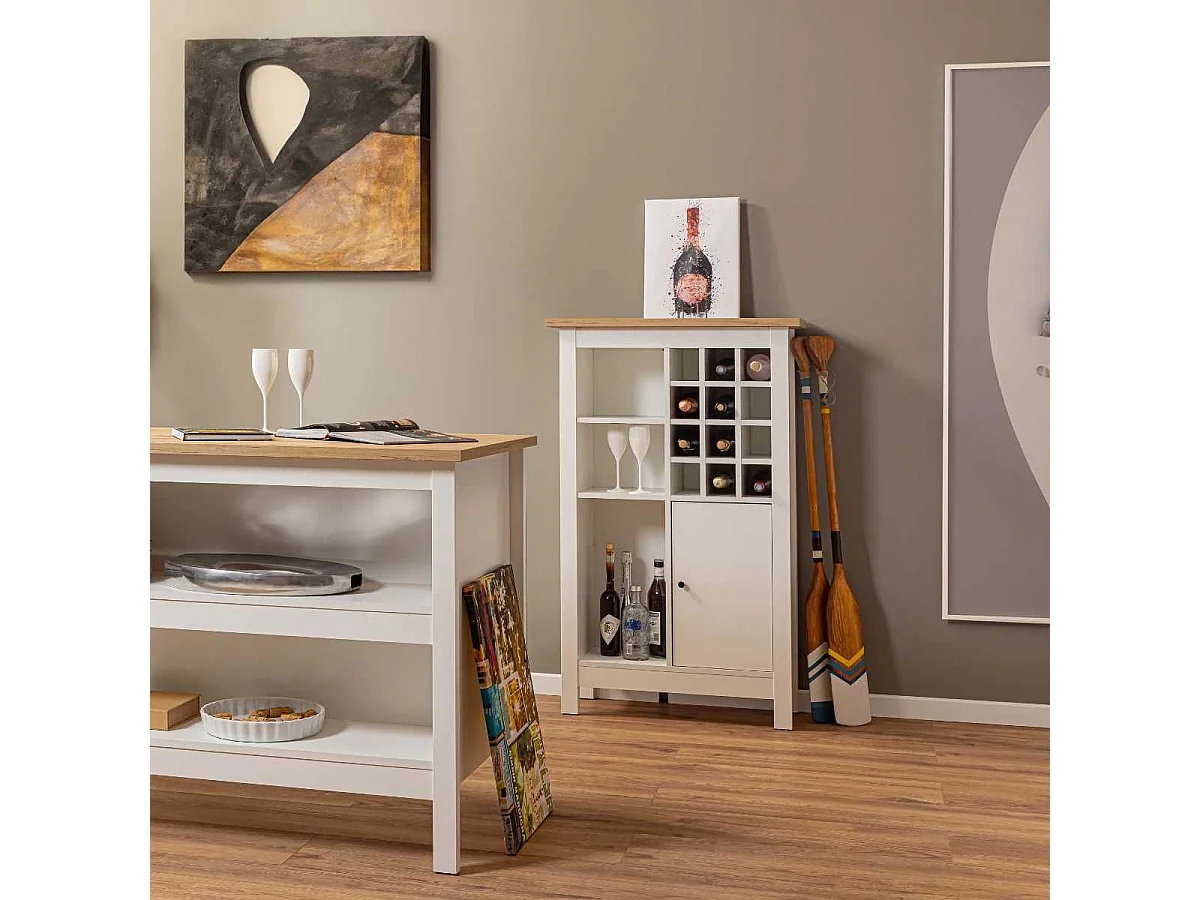 Rangement de Cuisine pour Bouteilles Blanc et Plateau Effet Bois - KENNY