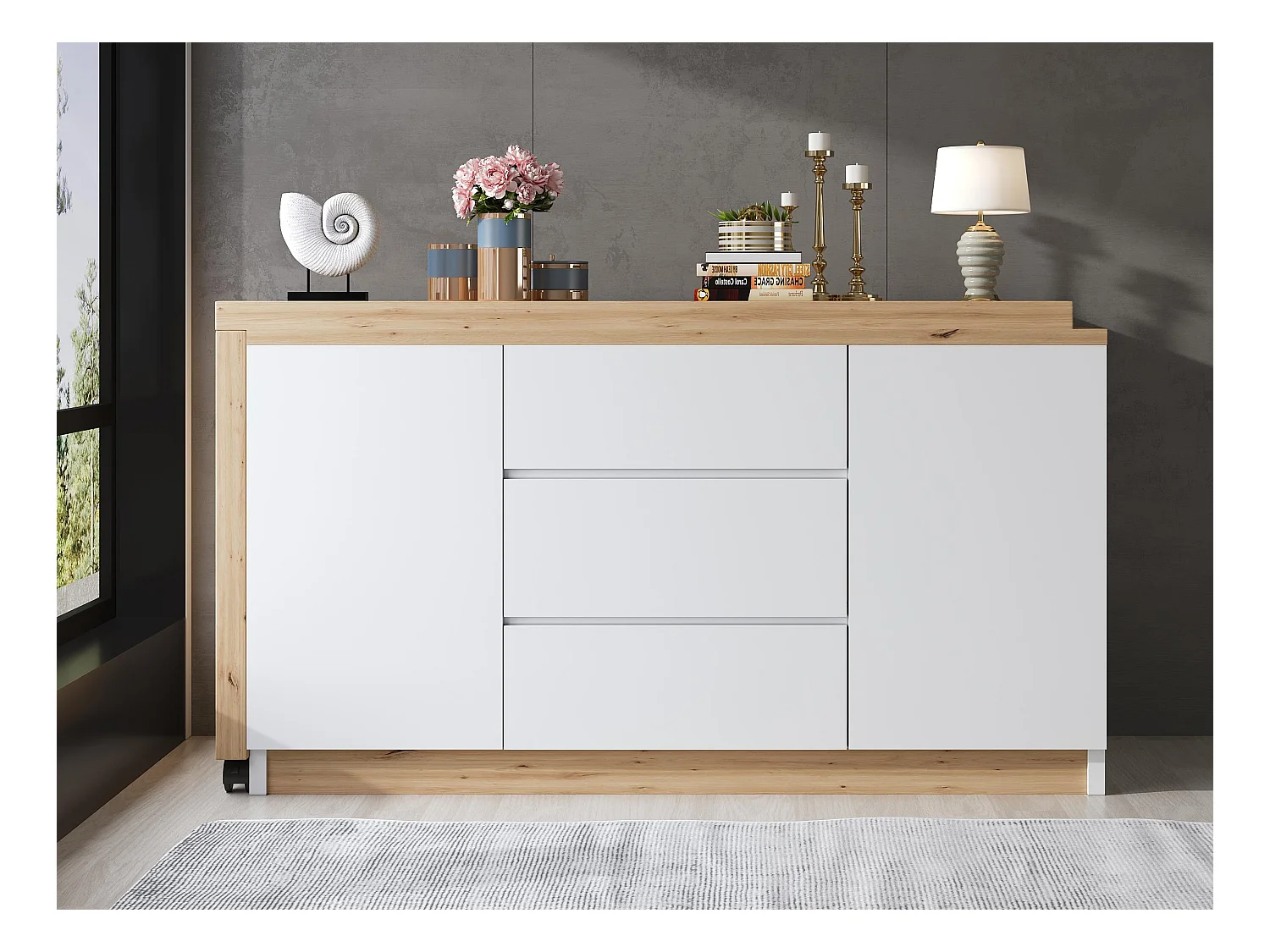 Bureau d'angle 120x50x76.5 cm - Plateau pivotant - 3 tiroirs et 2 portes - avec roulettes verrouillables - Blanc+naturel